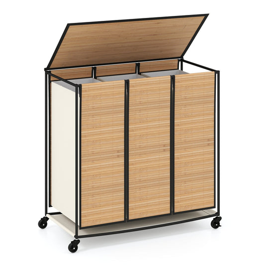 3-Section Laundry Hamper with Lid and Wheels - 21.4 Gal