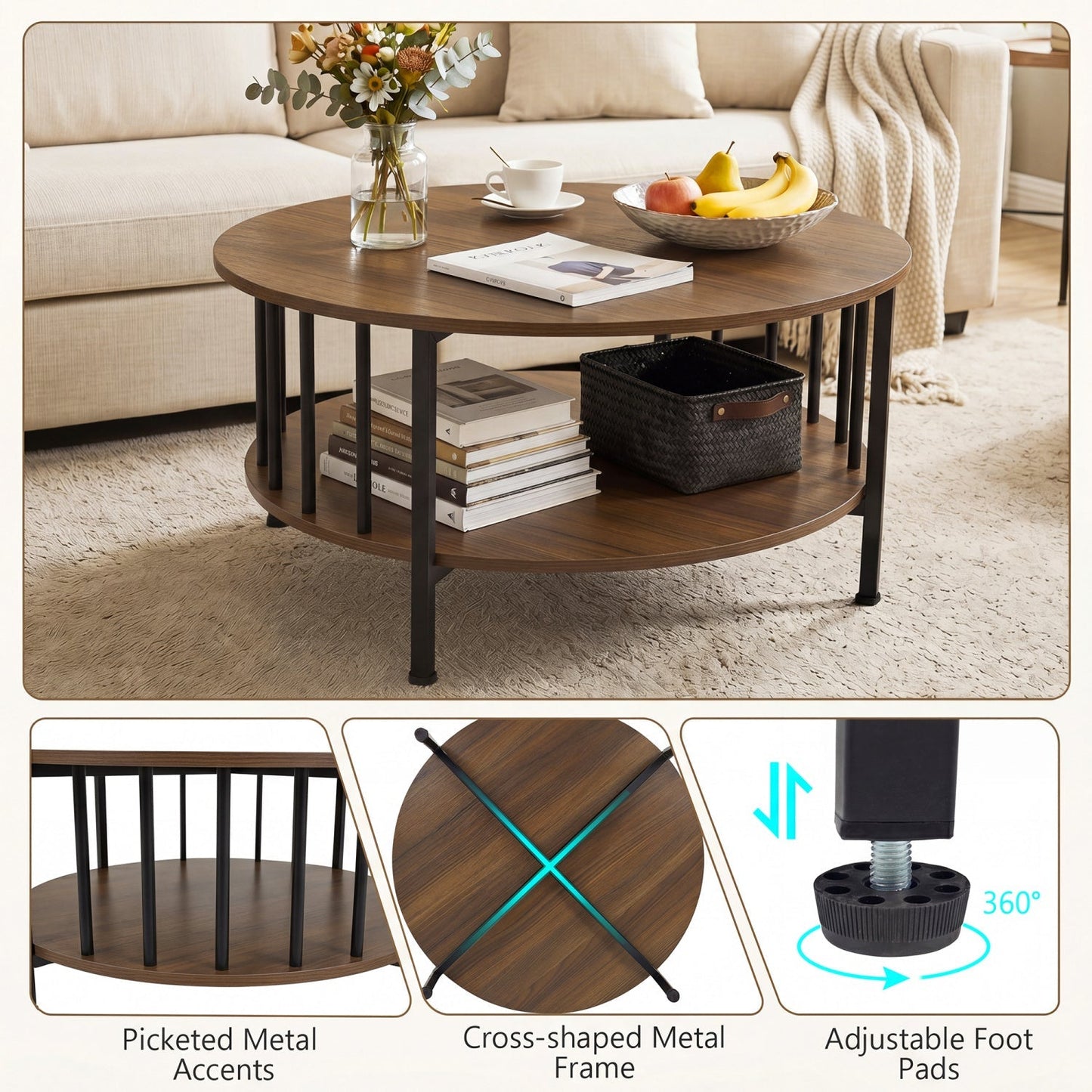 Round Coffee Table with Storage Shelf and Metal Frame