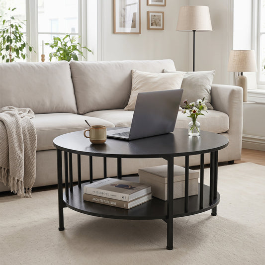 Round Coffee Table with Storage Shelf and Metal Frame