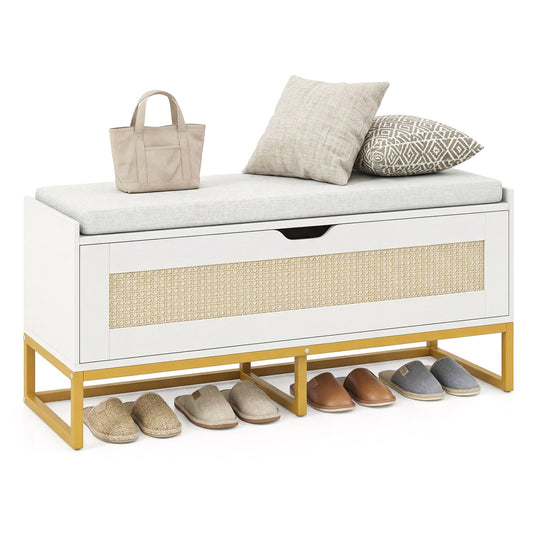 39.5" Rattan Storage Chest Wicker Shoe Bench with Padded Seat Flip-Top