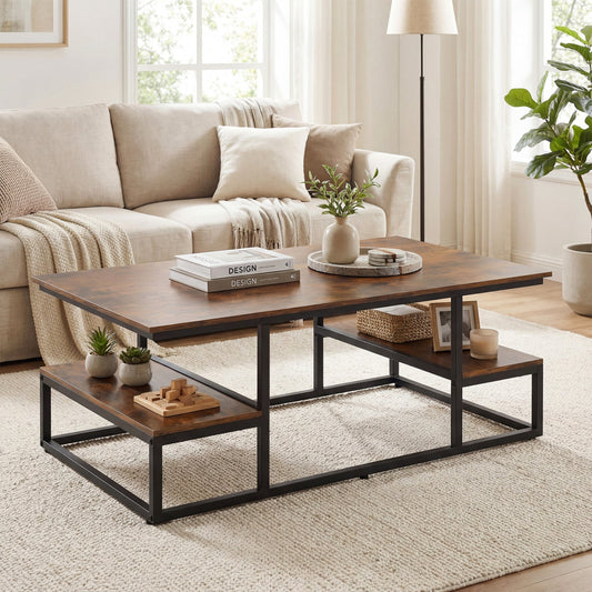 43" Rectangle Coffee Table with Storage and Open Shelves