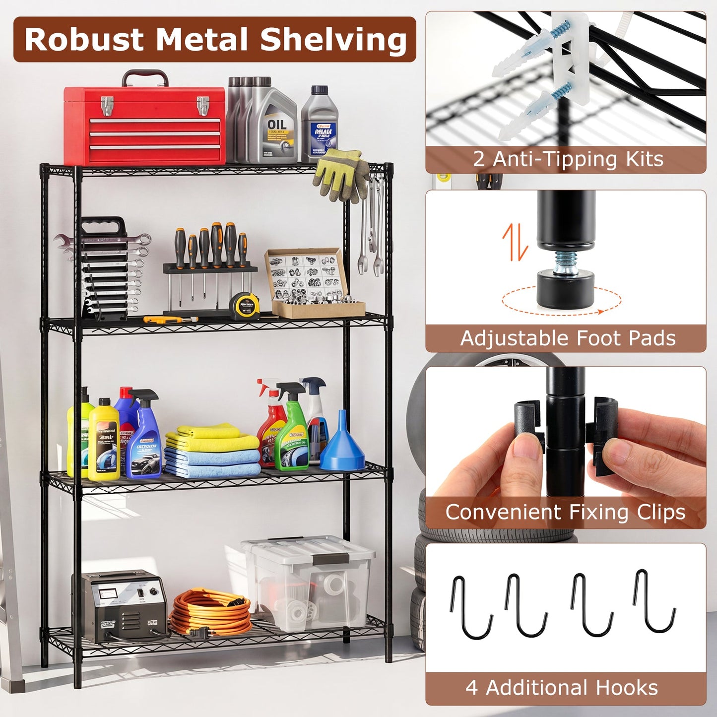 4-Tier Metal Storage Shelving Unit with V-Shaped Wire Rack and 1000 LBS Capacity-Black