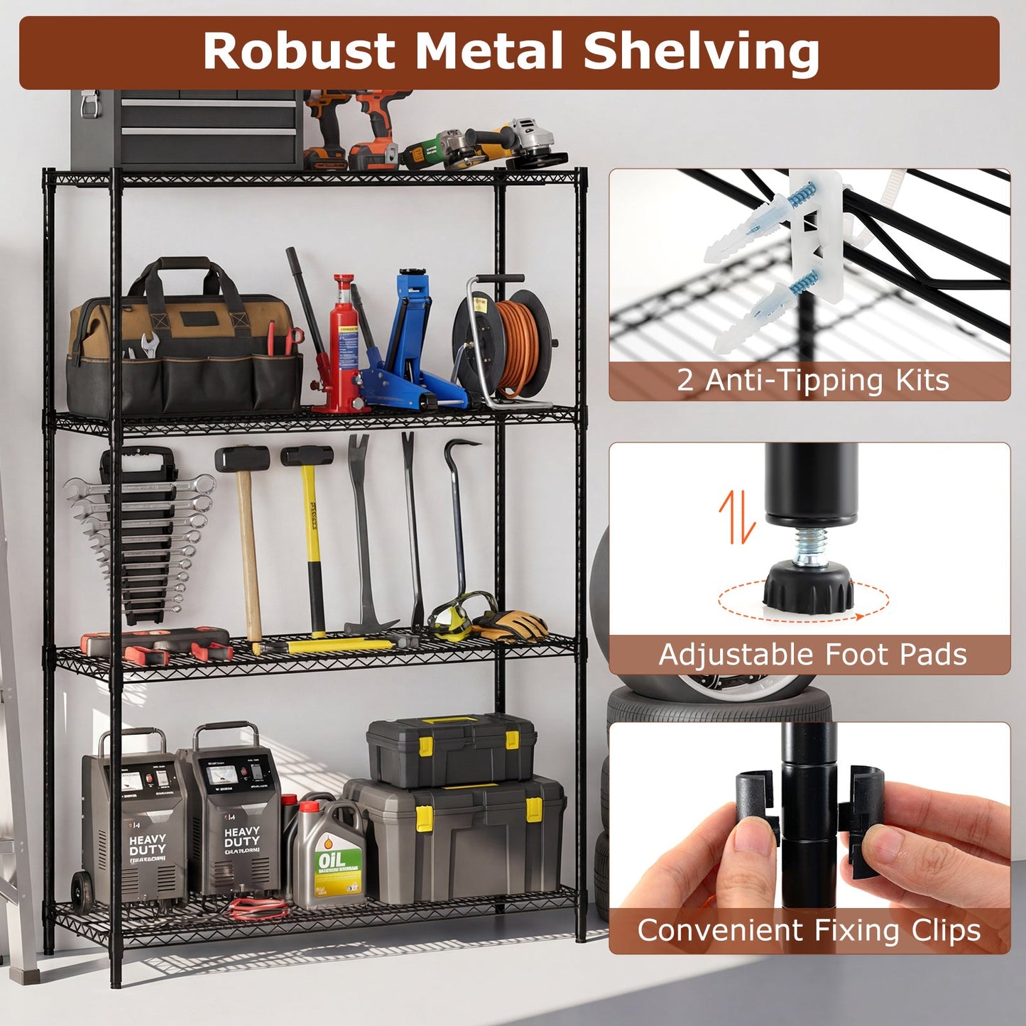 4-Tier Metal Storage Shelving Unit with V-Shaped Wire Rack-Black