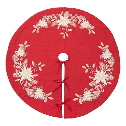 Fennco Styles Gold Embroidered Holly Christmas Tree Skirt 54 Inch Round - Red Festive Tree Skirt for Home, Holiday Decoration and Special Occasion
