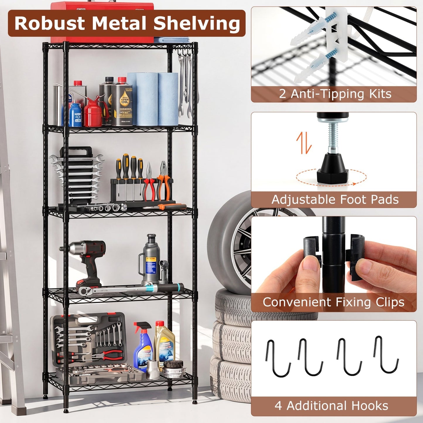 5-Tier Metal Storage Shelving Unit Set of 2 with V-Shaped Wire Rack-Black
