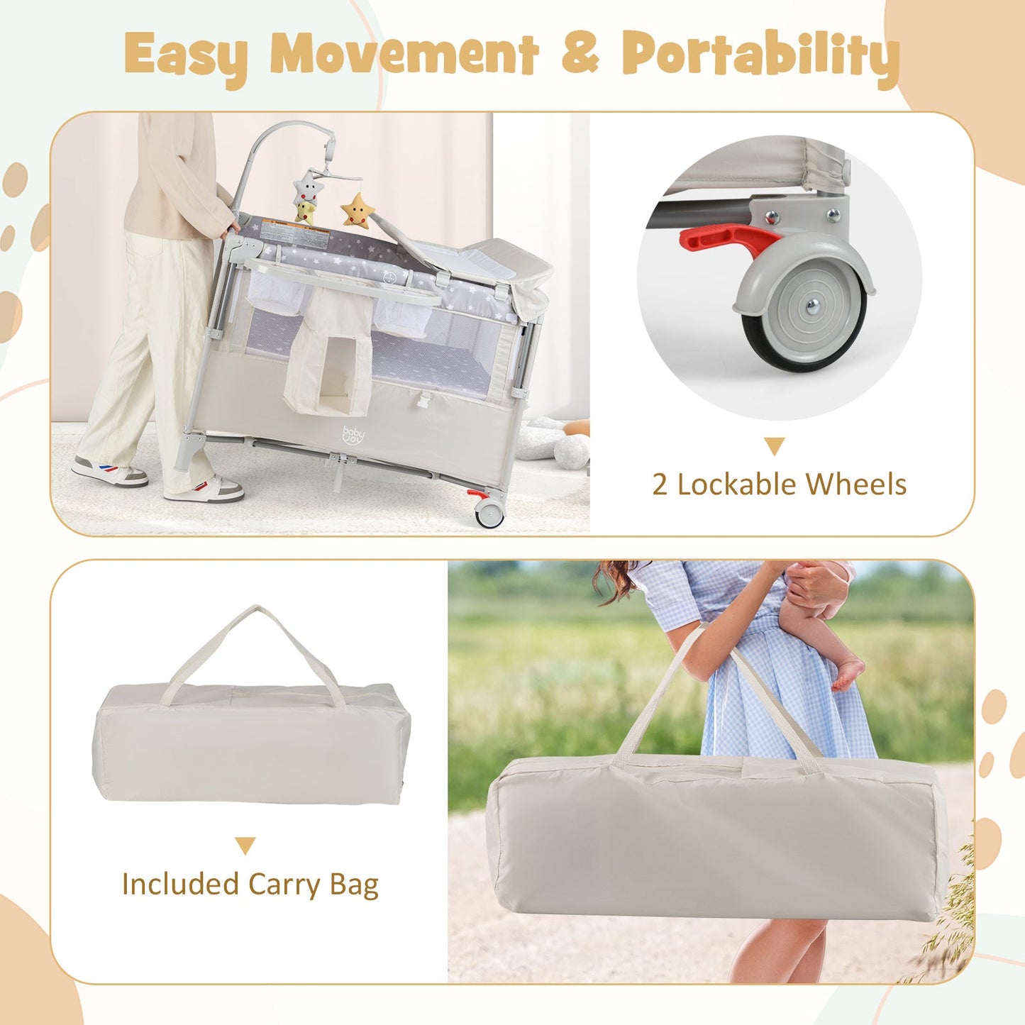 5-in-1 Portable Baby Beside Sleeper Bassinet Crib Playard with Diaper Changer-Beige