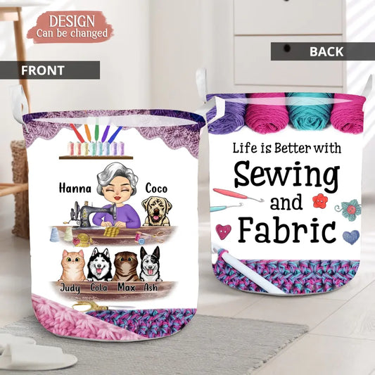 Personalized Sewing Woman With Pets Laundry Basket - Mother's Day Gift For Mom/Grandma With Up To 6 Pets - I Crochet Because Punching People Is Frowned Upon