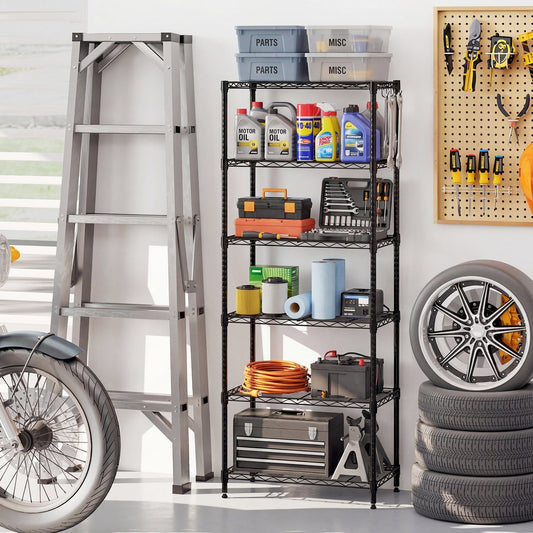 6-Tier Metal Storage Shelving Unit with V-Shaped Wire Rack and 900 LBS Capacity-Black