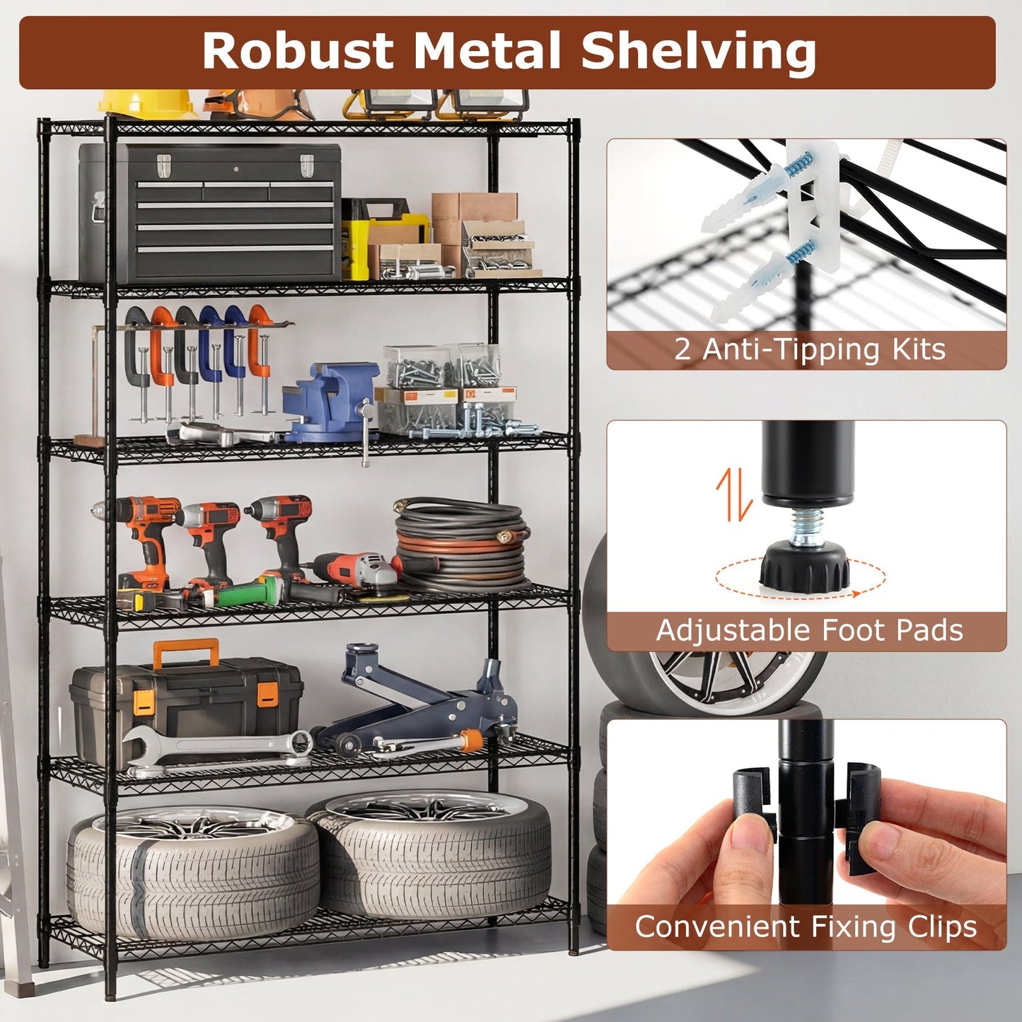 6-Tier Metal Storage Shelving Unit with V-Shaped Wire Rack for Home Garage-Black