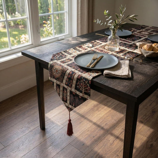 DaDalogy Bedding Elegant Woven Mughal Floral Tapestry Table Runner, Dark Noir Botanical Vintage Fleur (18197)