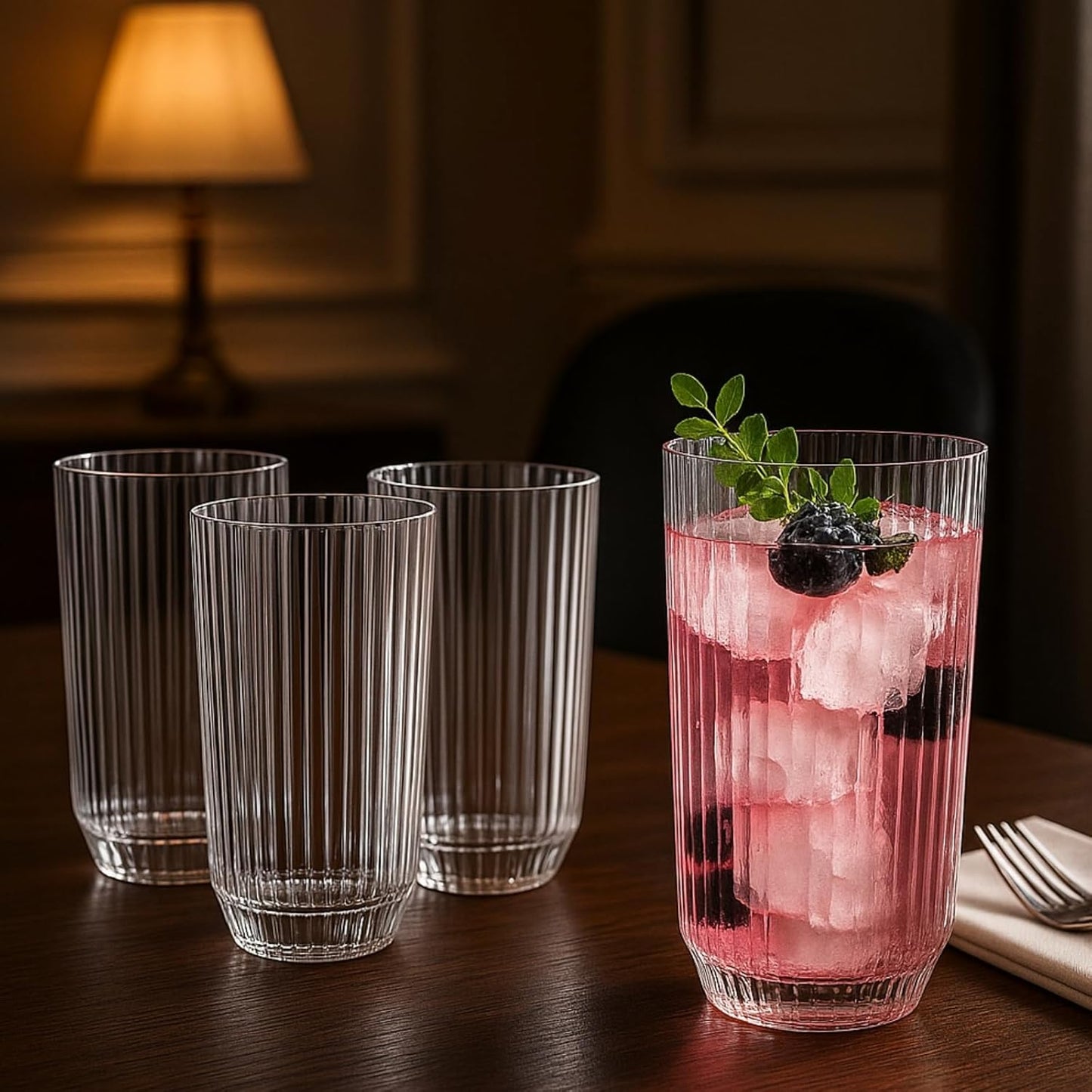 Khen Shatterproof Ribbed Drinking Glasses – Set of 4 Clear 12oz