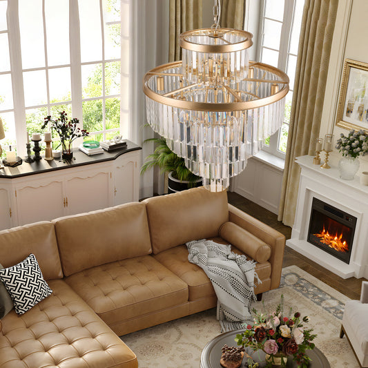 23.6" 5-Tier K9 Crystal Chandelier | 15-Light Luxury Pendant with Gold or Black Frame — Dining Room, Living Room & Foyer