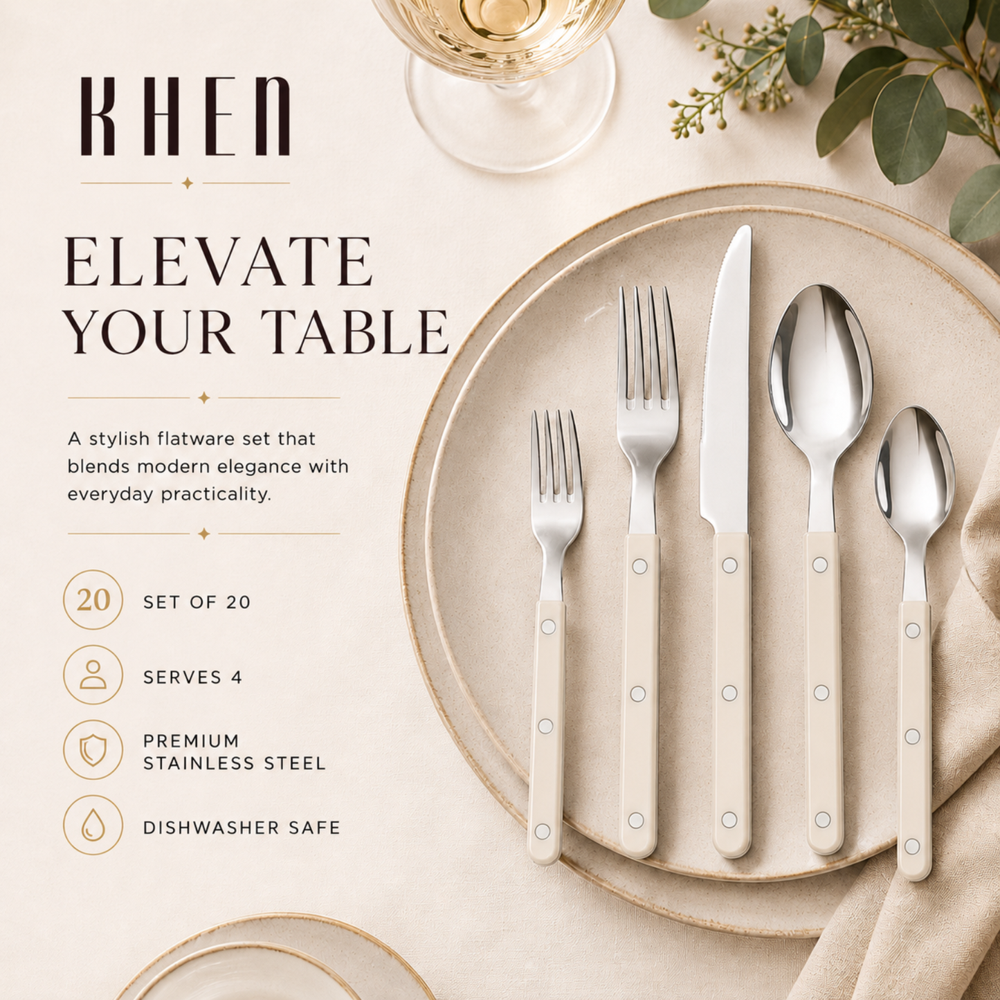 Khen Cream Cutlery Set of 20 –18/8 Stainless Steel Flatware