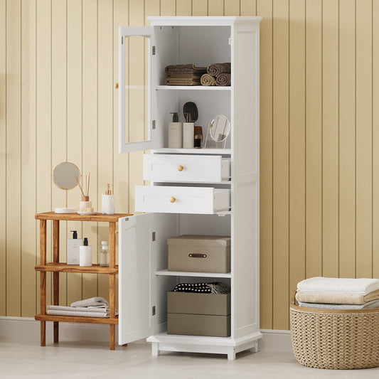 High bathroom storage cabinet with glass door, freestanding, two drawers and adjustable shelves, MDF board, painted white