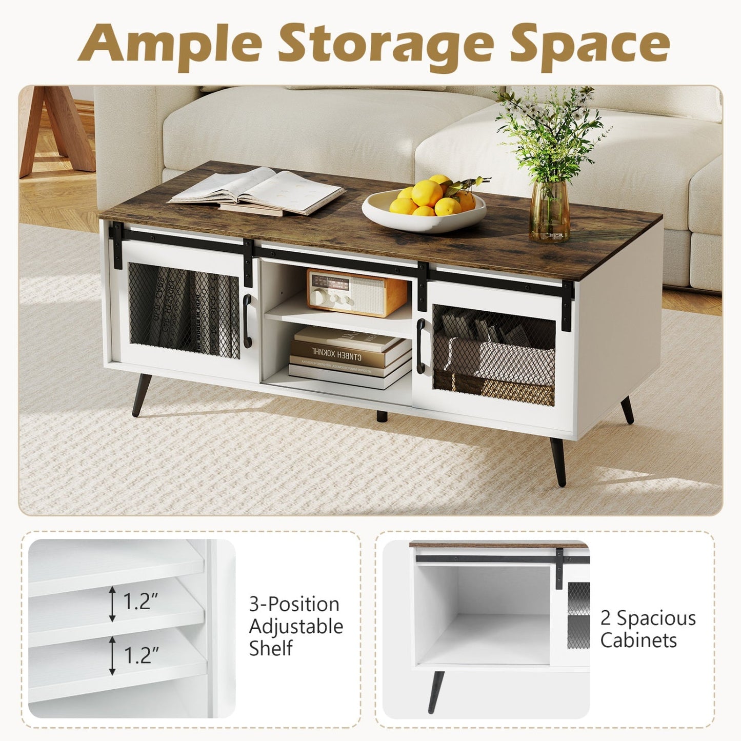 Farmhouse Coffee Table with Sliding Doors and Adjustable Shelf
