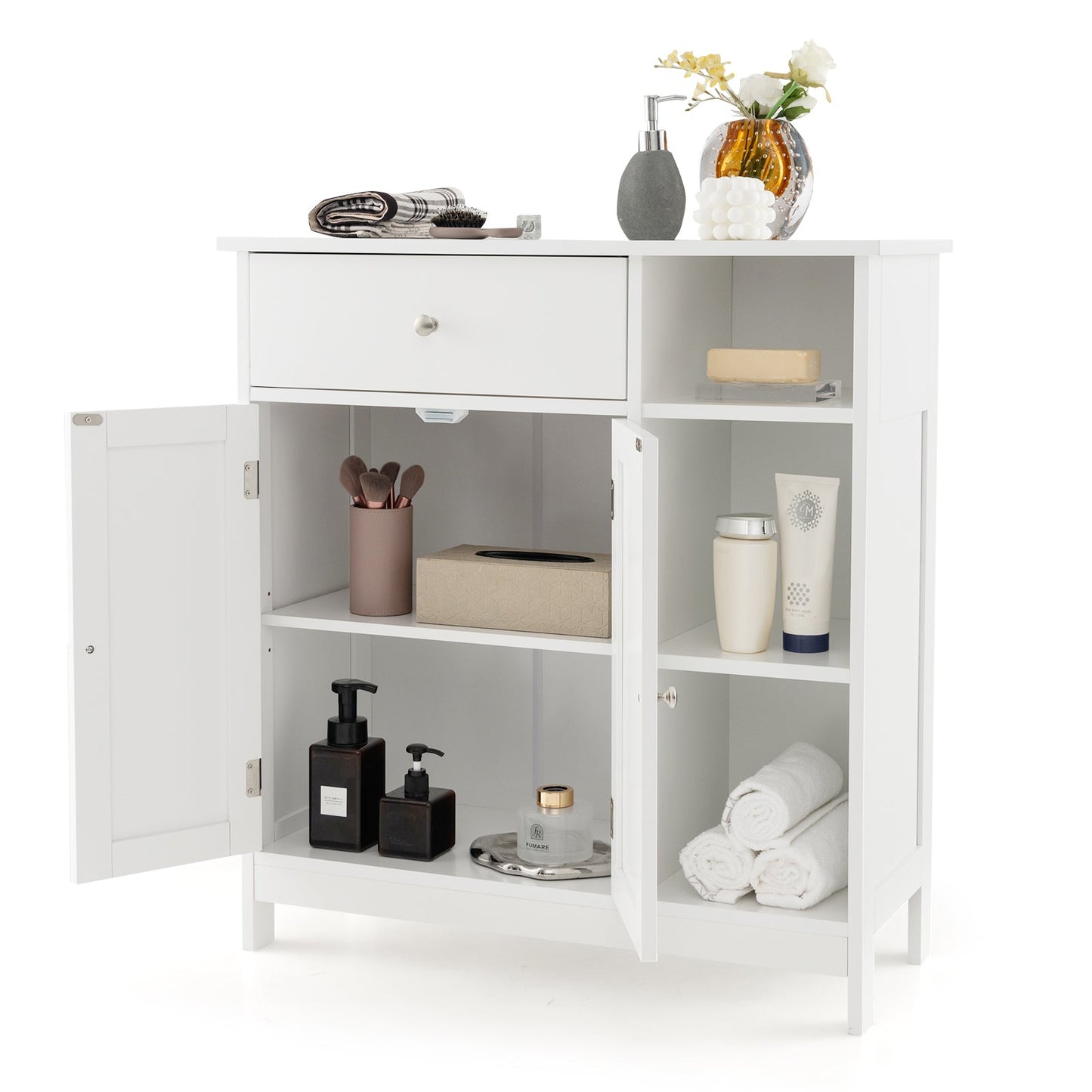 Bathroom Cabinet Floor Cabinet with Drawer and Open Compartments-White