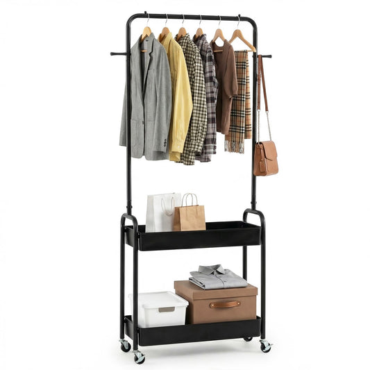 Heavy-Duty Laundry Cart with Hanging Rod and 2 Storage Baskets for Bedroom