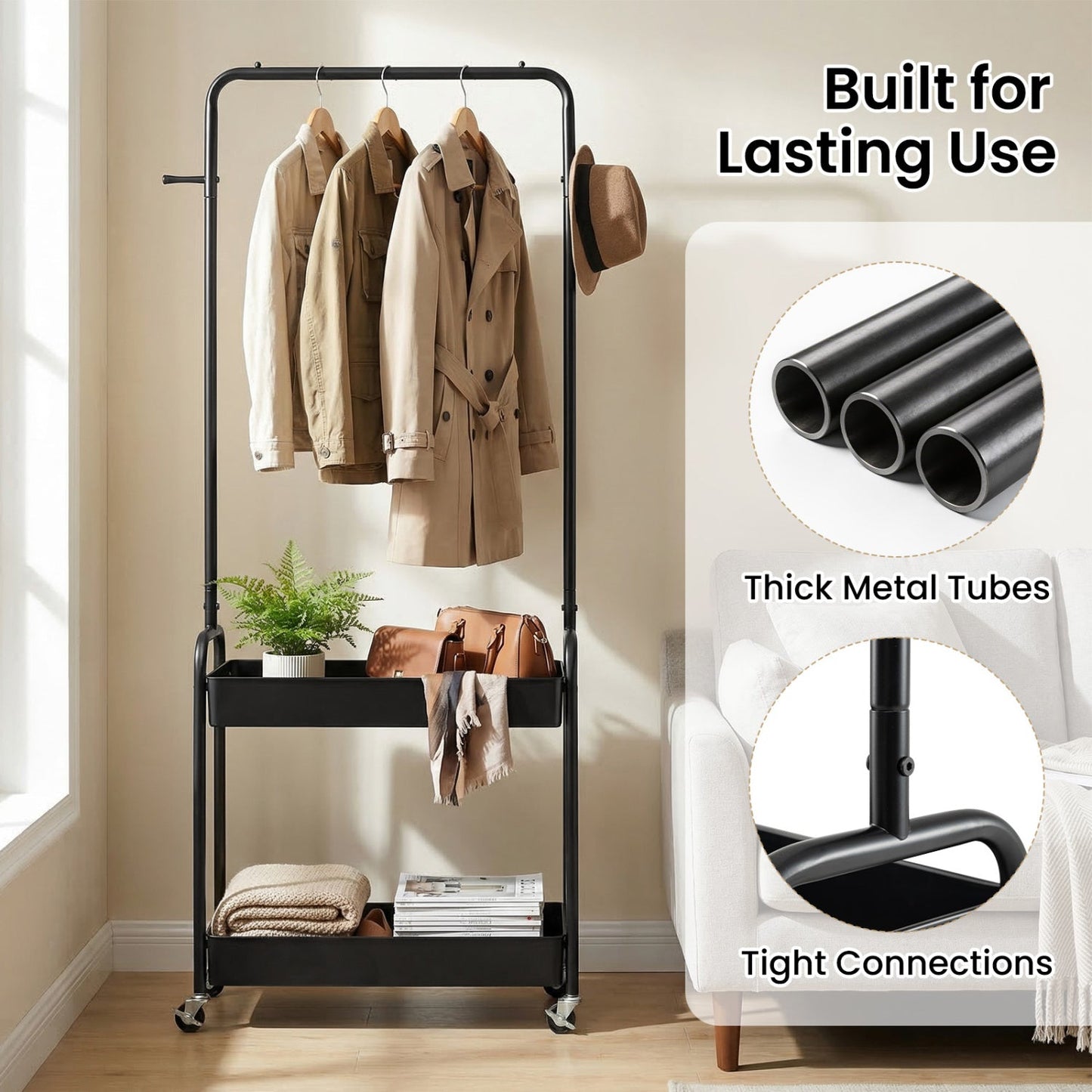 Heavy-Duty Laundry Cart with Hanging Rod and 2 Storage Baskets for Bedroom