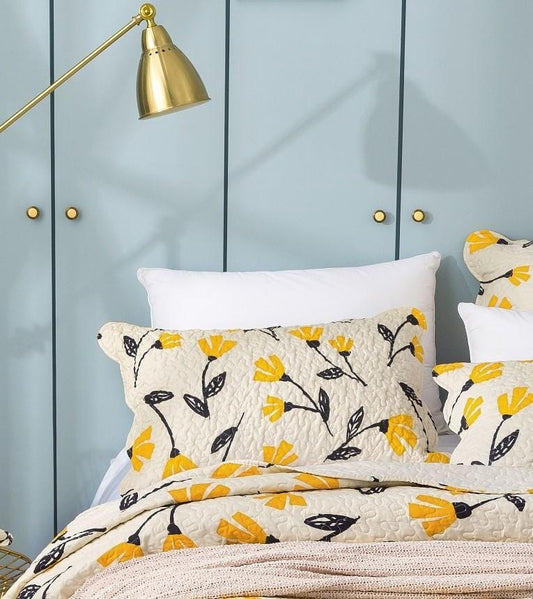 DaDalogy Bedding Yellow Fleur Floral Golden Orange Ivory Botanical Quilted Scalloped Pillow Sham (18112)