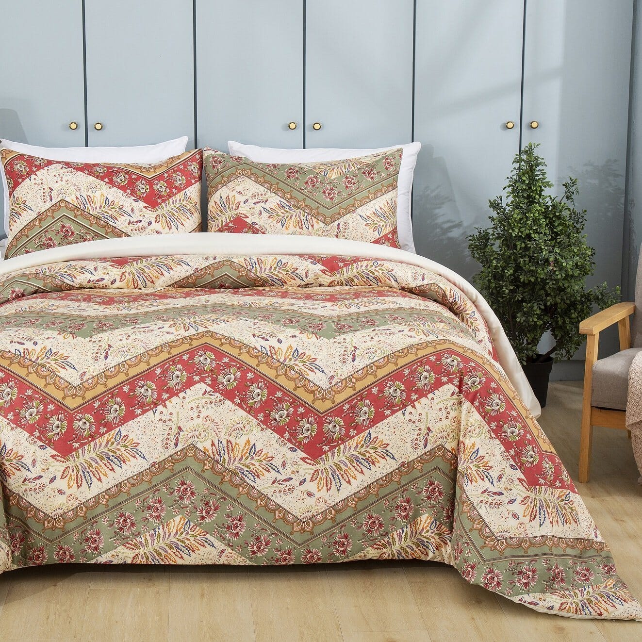 DaDa Bedding Cranberry Sage Floral Chevron Duvet Cover Set