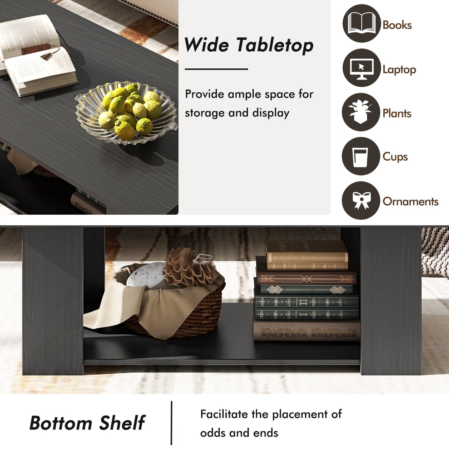 Large 36/41 Inch 2-tier Wooden Modern Coffee Table with Storage Shelf-Black