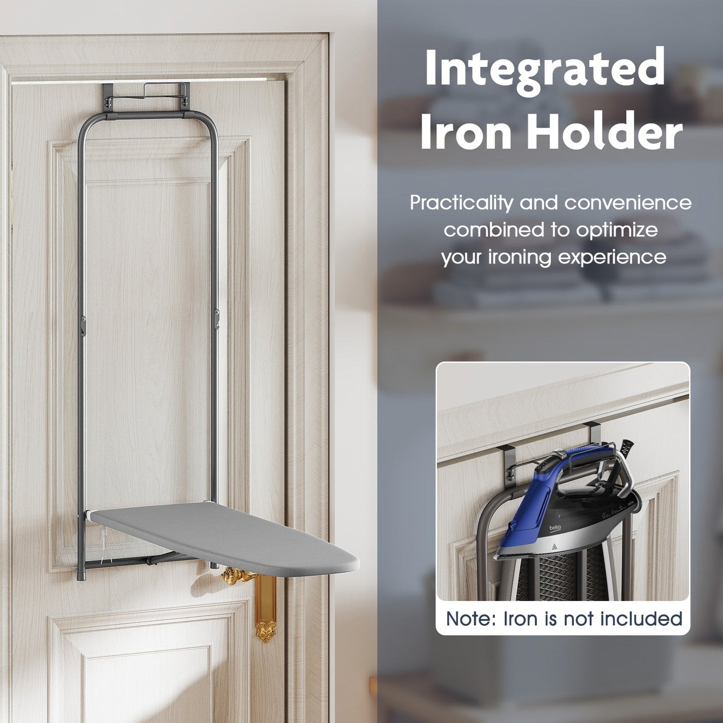 Over the Door Ironing Board Space-Saving Metal Hanging Ironing Board-Gray