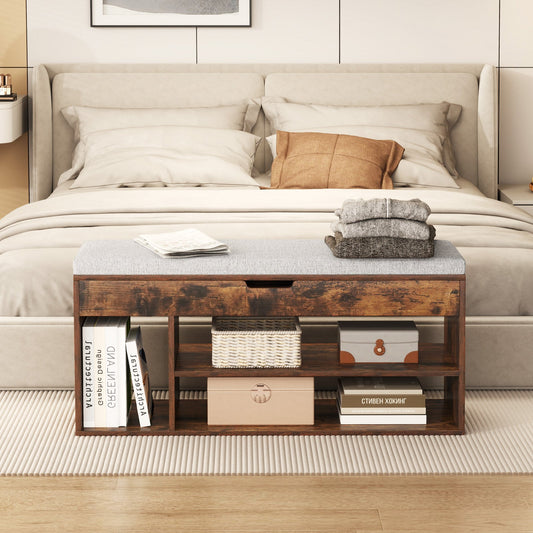 Padded Seat Shoe Bench with Hidden Storage and 3 Open Shelves