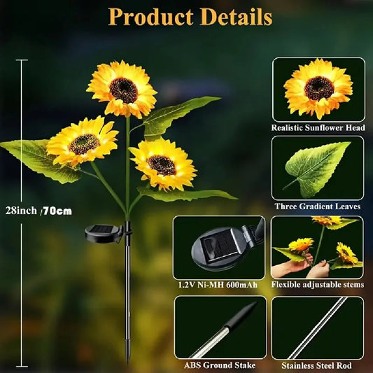 1PC 1/3 Heads Sunflower Solar LED Lights,Warm White Atmosphere Outdoor Decoration Lighting For Garden,Patio,Lawn,Yard