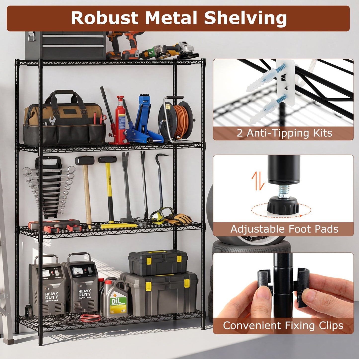 Set of 2 4-Tier Metal Storage Shelving Unit with V-Shaped Wire Rack-Black