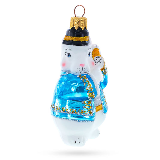 Rabbit with Blue Winter Coat and Gold Watch Glass Christmas Ornament