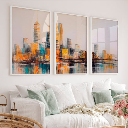 Abstract Cityscape Painting - 3 Piece Modern Skyline Triptych Wall Art