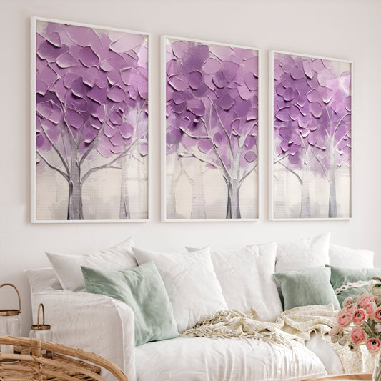 Abstract Forest Wall Art Triptych - Purple Textured Tree Painting