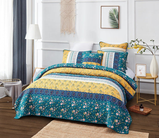 DaDa Bedding Gardenia Green Floral Patchwork Quilt Set