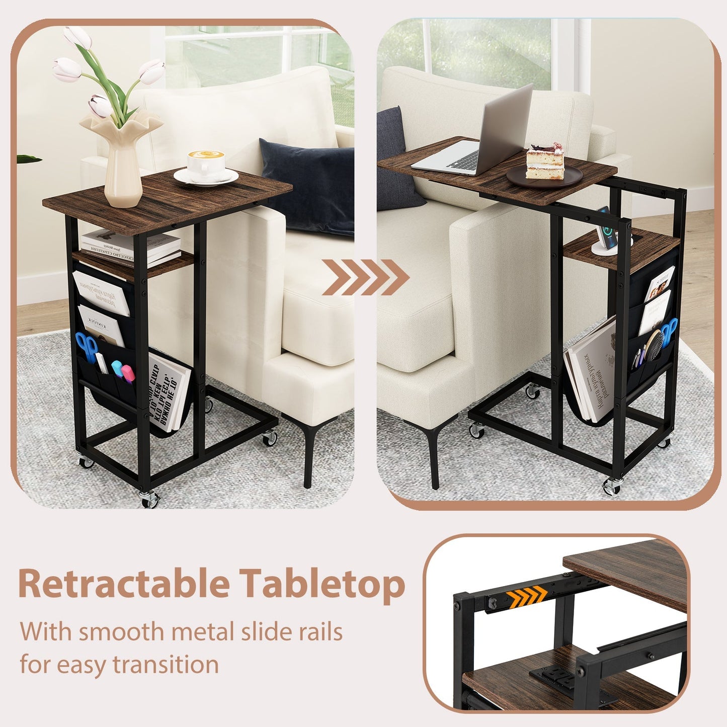 C-shaped End Table with Charging Station and Retractable Tabletop-Coffee