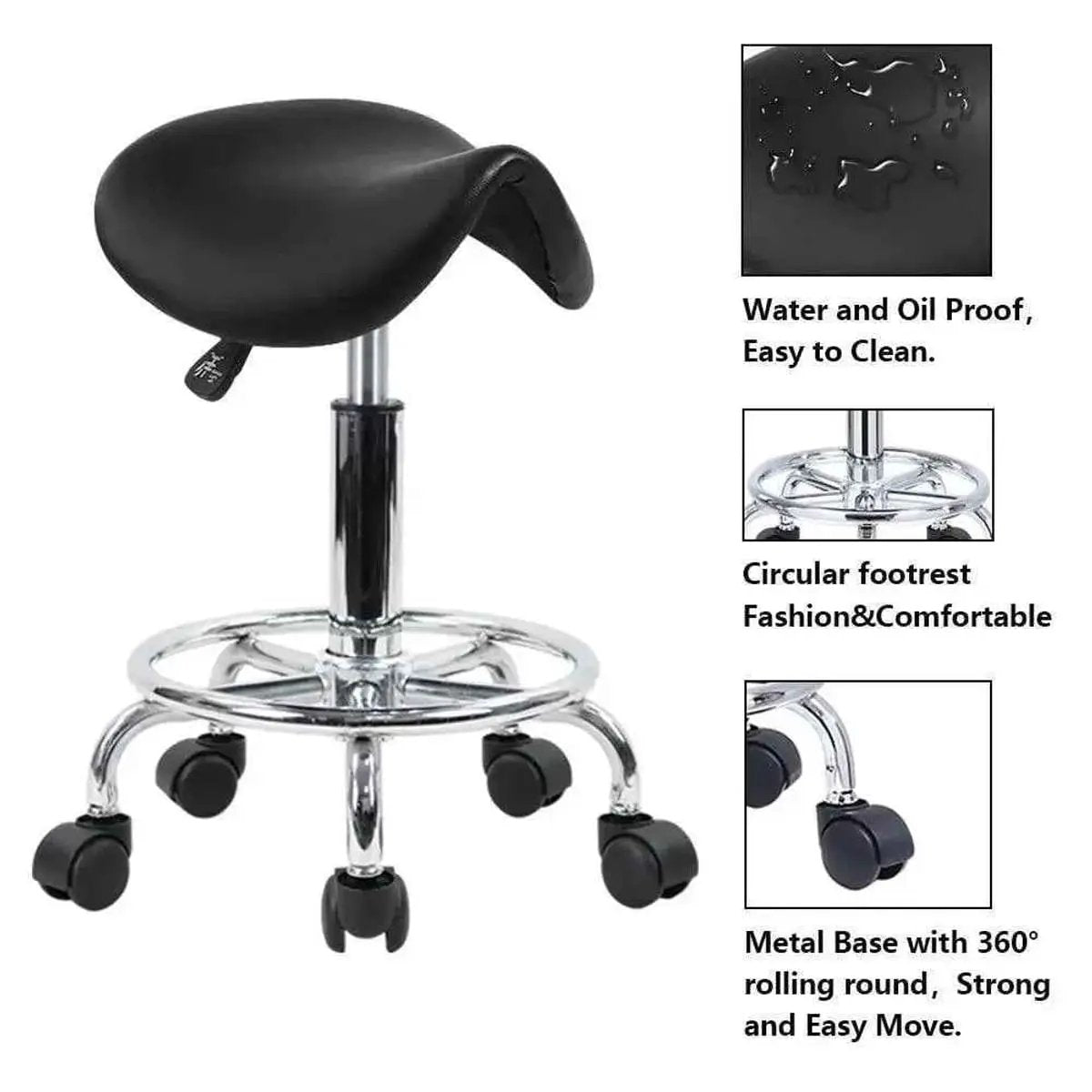 KKTONER Adjustable Black PU Leather Rolling Saddle Stool with Wheels for Salon, Office & Spa - Ergonomic Posture Chair