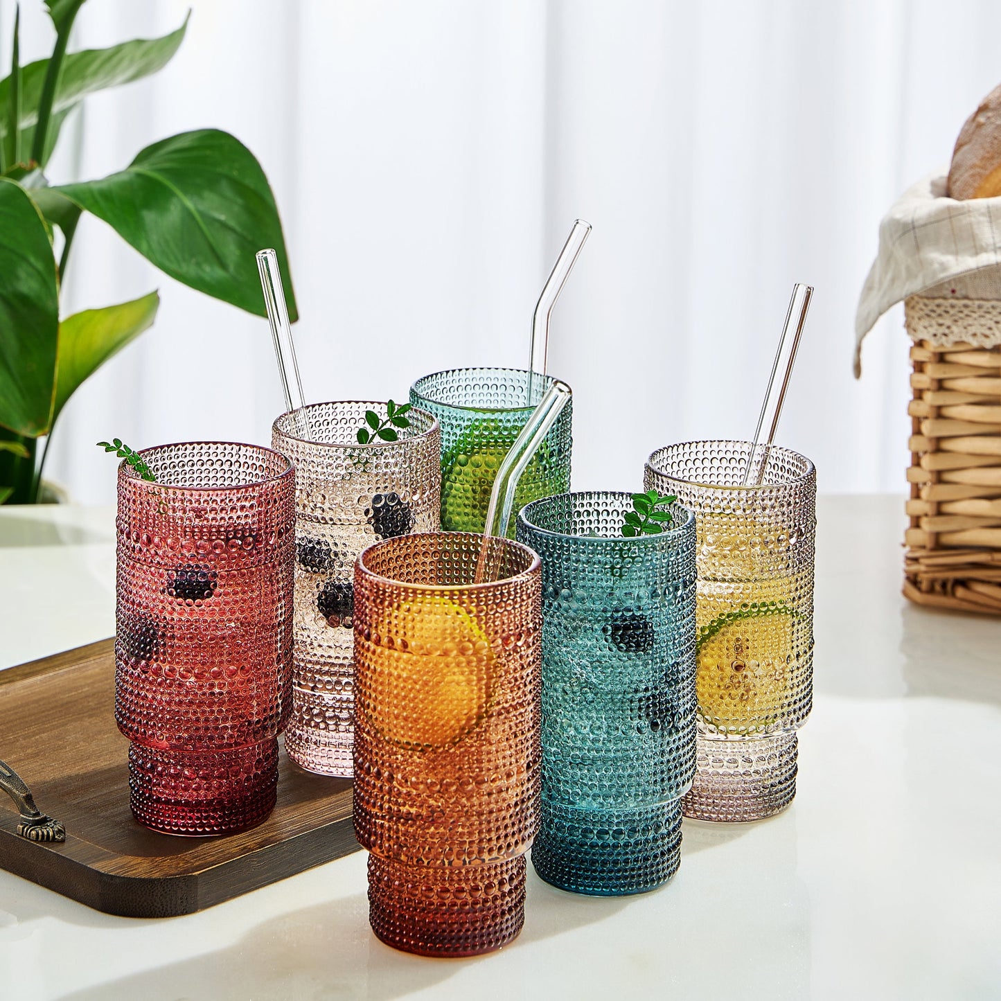 Tonal Collins Highball Glassware, Set of 6 with 6 Glass Straws & Cleaner