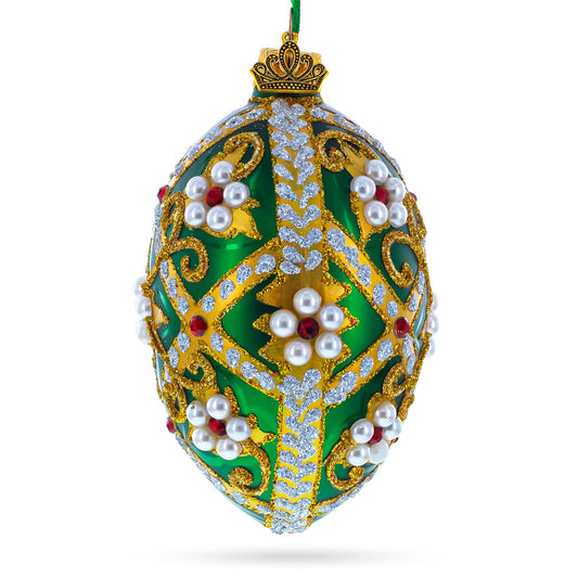 Jewels on Green Glass Egg Christmas Ornament 4 Inches