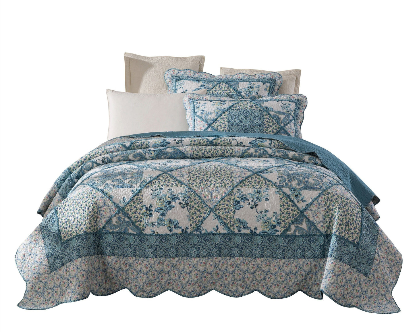 Tache Petal Dance White Blue Floral Paisley Vintage Garden Scalloped Cotton Patchwork Quilt Set (JHW-646)