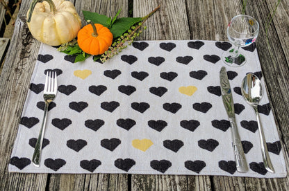 DaDa Bedding Set of 4-Pieces Valentine's day Yellow & Black Hearts Tapestry Dining Table Placemats 13” x 19” (18113)