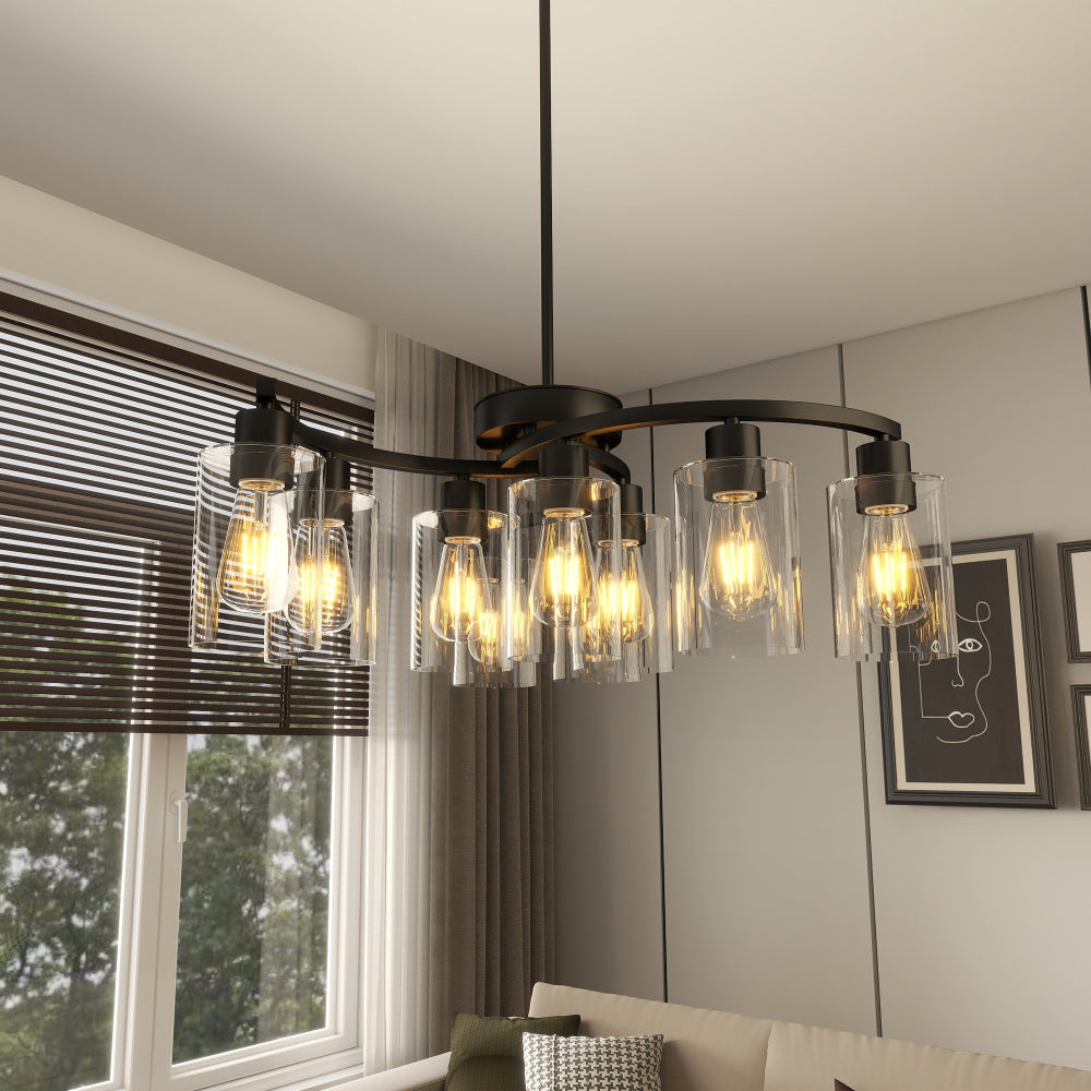 6/9-Light Modern Farmhouse Chandelier | Black, Chrome or Gold with Clear Glass Shades — Adjustable Height, Dimmable, Dining Room & Kitchen Island