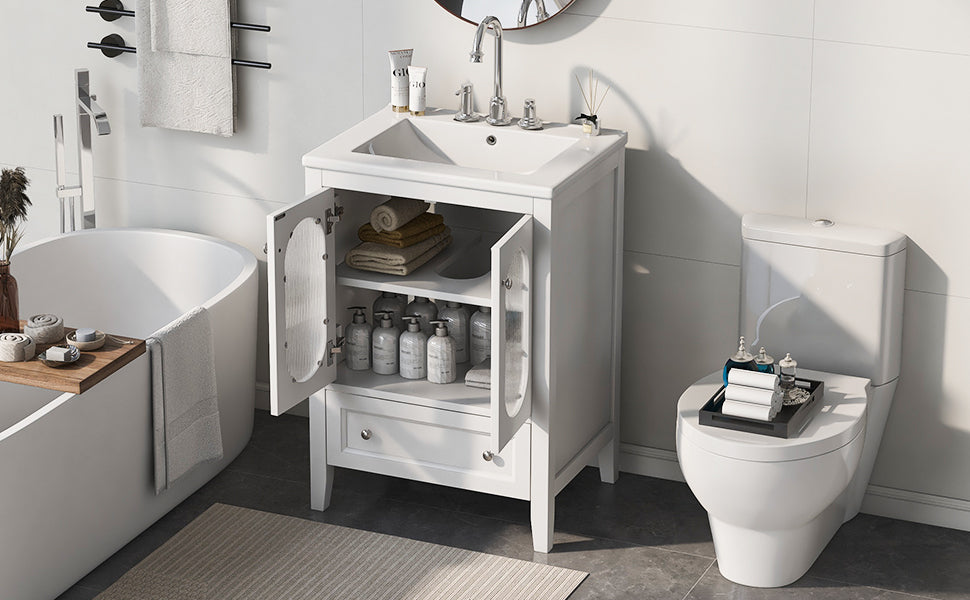 24" Bathroom Vanity with Sink, Bathroom Vanity Cabinet with One Drawer and Doors, Adjustable Shelf, Solid Wood and MDF, White