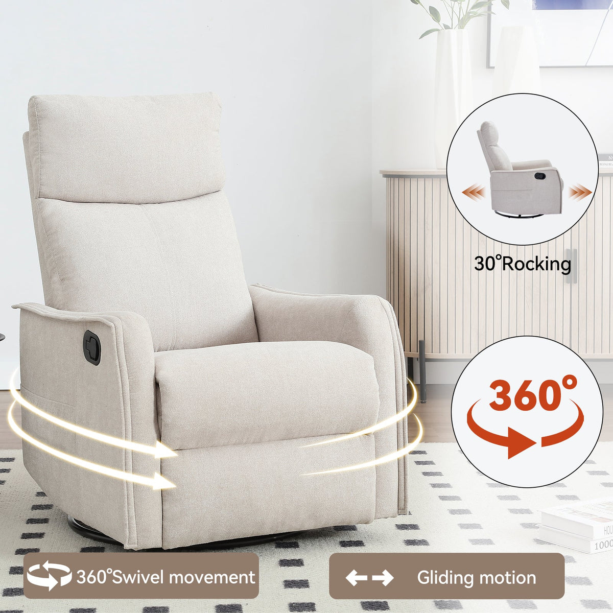 Heat Massage Manual Recliner Chair with Rocker and Swivel in Fabric