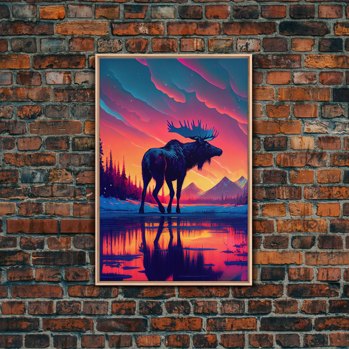 Moose In Lake Mountains Pine Trees Snow Fine Art Print, Wall Decor, Wall Poster, Wall Art Print