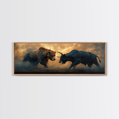 Intense Bull and Bear Framed Canvas Print - Moody Wildlife Painting, Rustic Wall Art, Industrial Style Living Room Decor, Gift Idea