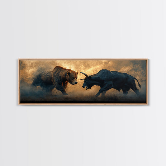 Intense Bull and Bear Framed Canvas Print - Moody Wildlife Painting, Rustic Wall Art, Industrial Style Living Room Decor, Gift Idea