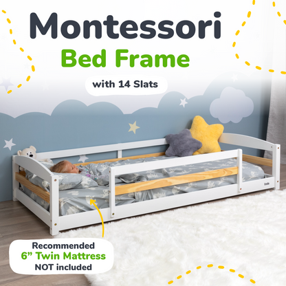 Twin Size Montessori-Inspired Floor Bed with Safety Guardrails for Kids