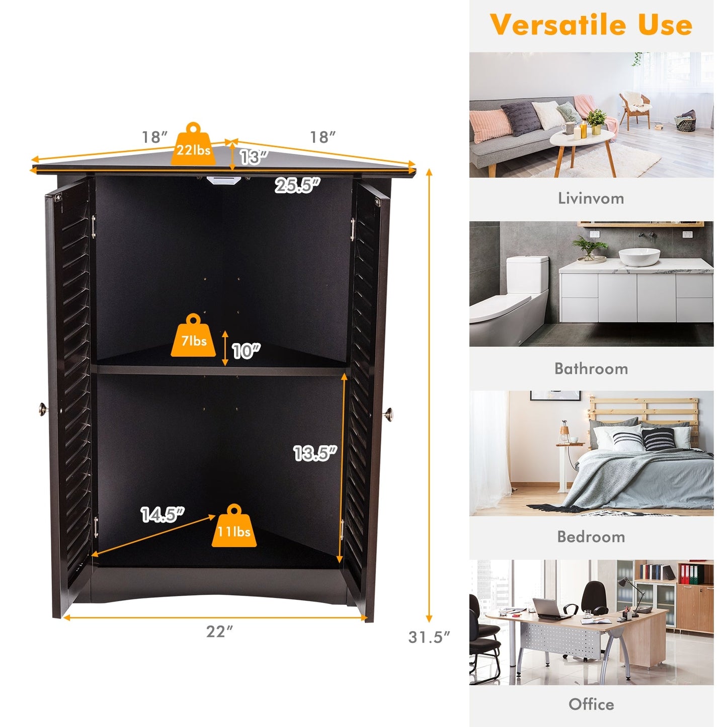 Bathroom Corner Storage Freestanding Floor Cabinet with Shutter Door
