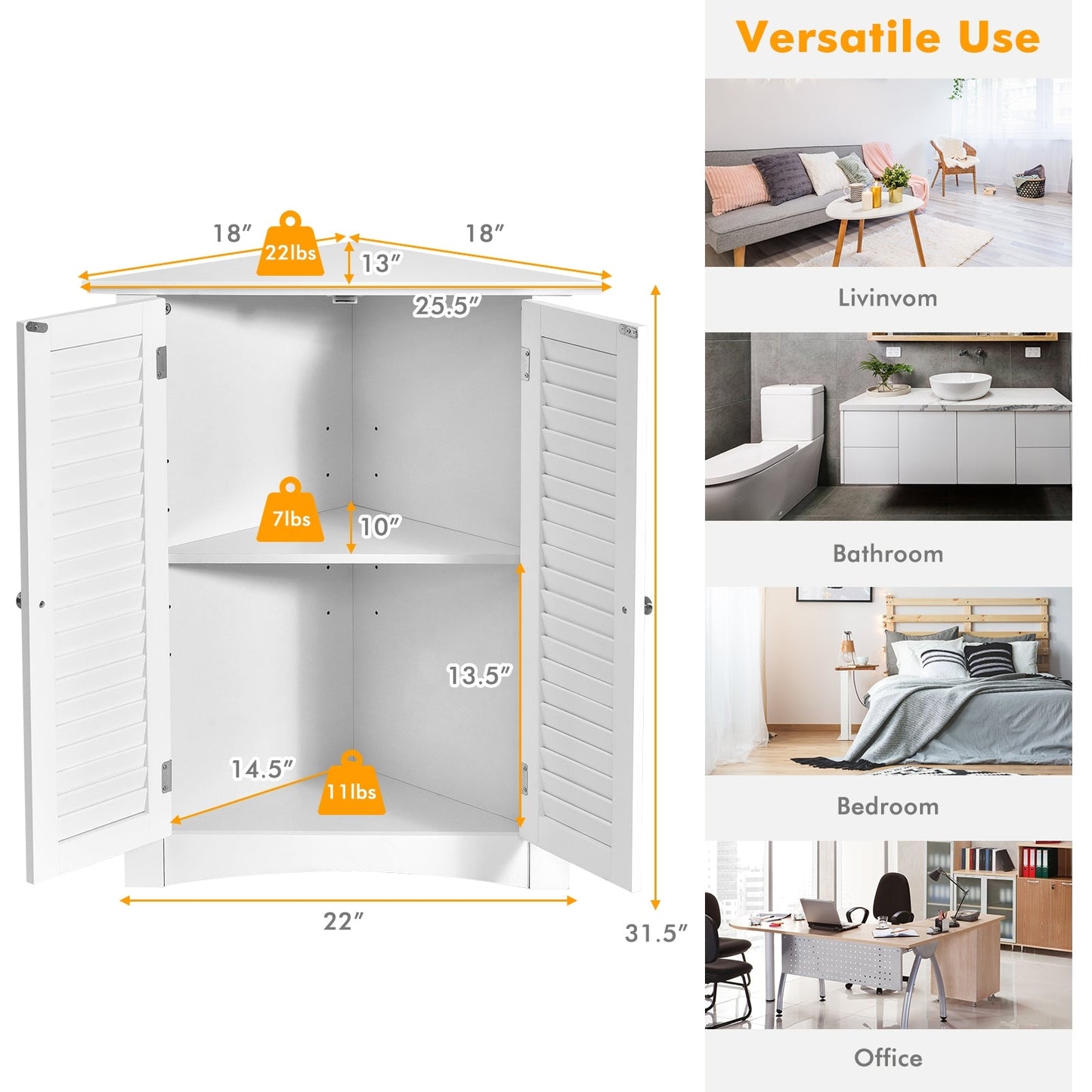 Bathroom Corner Storage Freestanding Floor Cabinet with Shutter Door