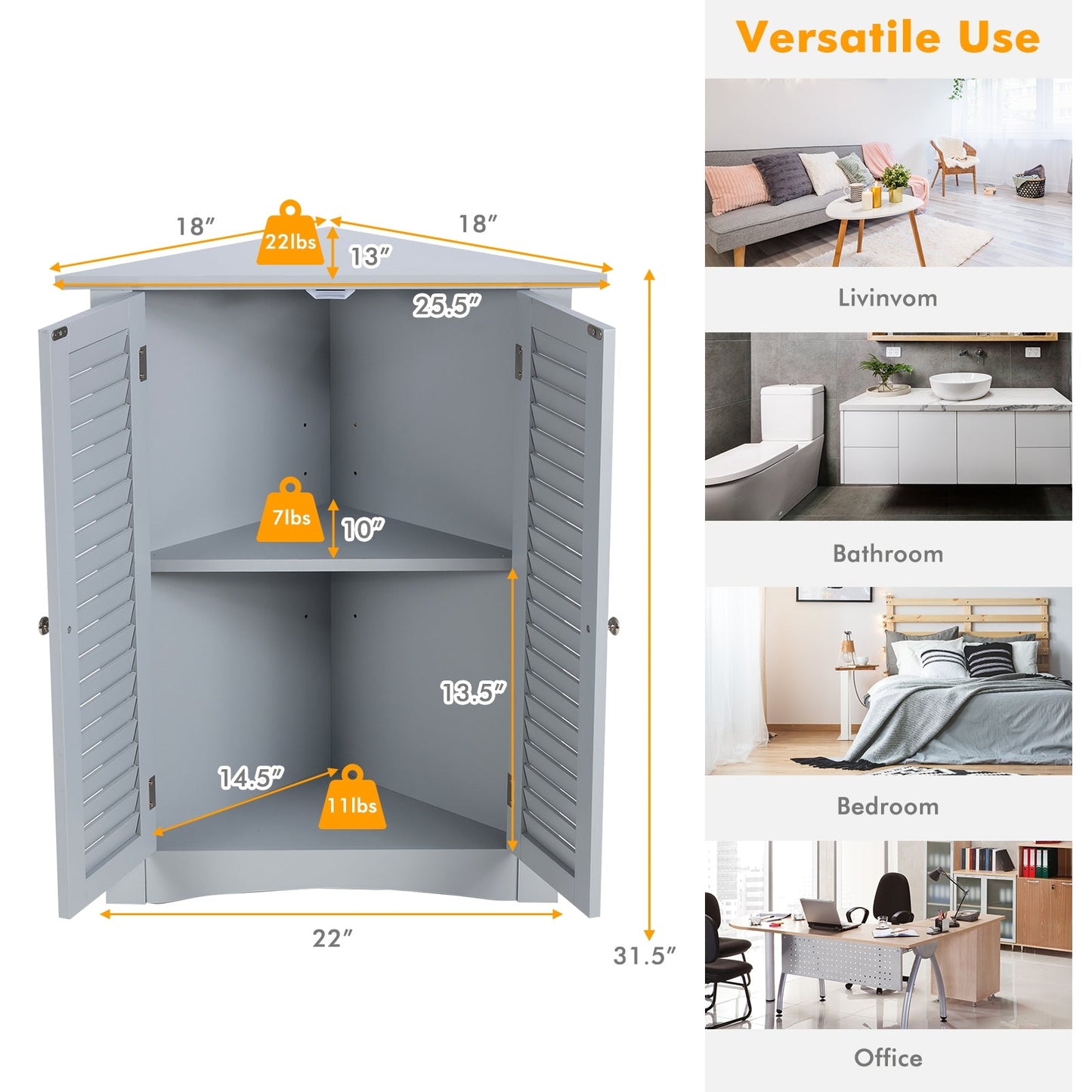 Bathroom Corner Storage Freestanding Floor Cabinet with Shutter Door