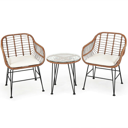 3-Piece Rattan Bistro Set with Cushions and Glass Table